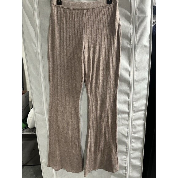 Zara Flared Ribbed Leggings High Rise Medium Elastic Waist Stretch Beige Tan L - Picture 2 of 7